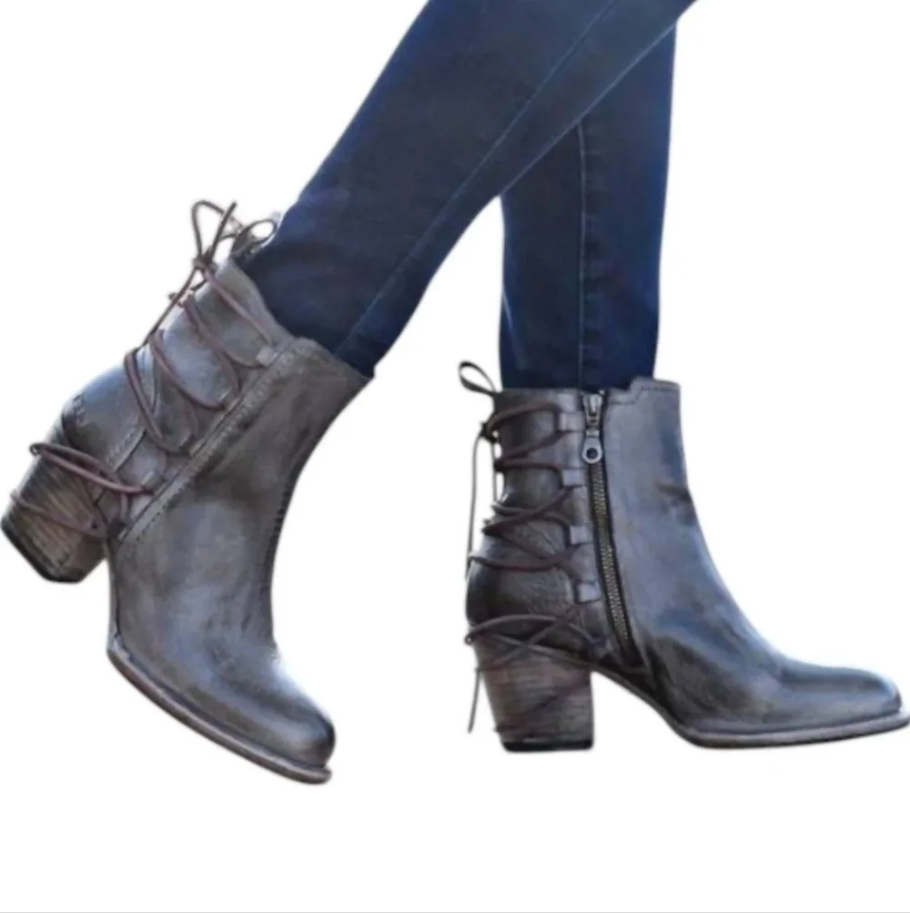Bed Stu Blaire Graphito Rustic Leather Western Lace-Up Ankle Boots Size 7